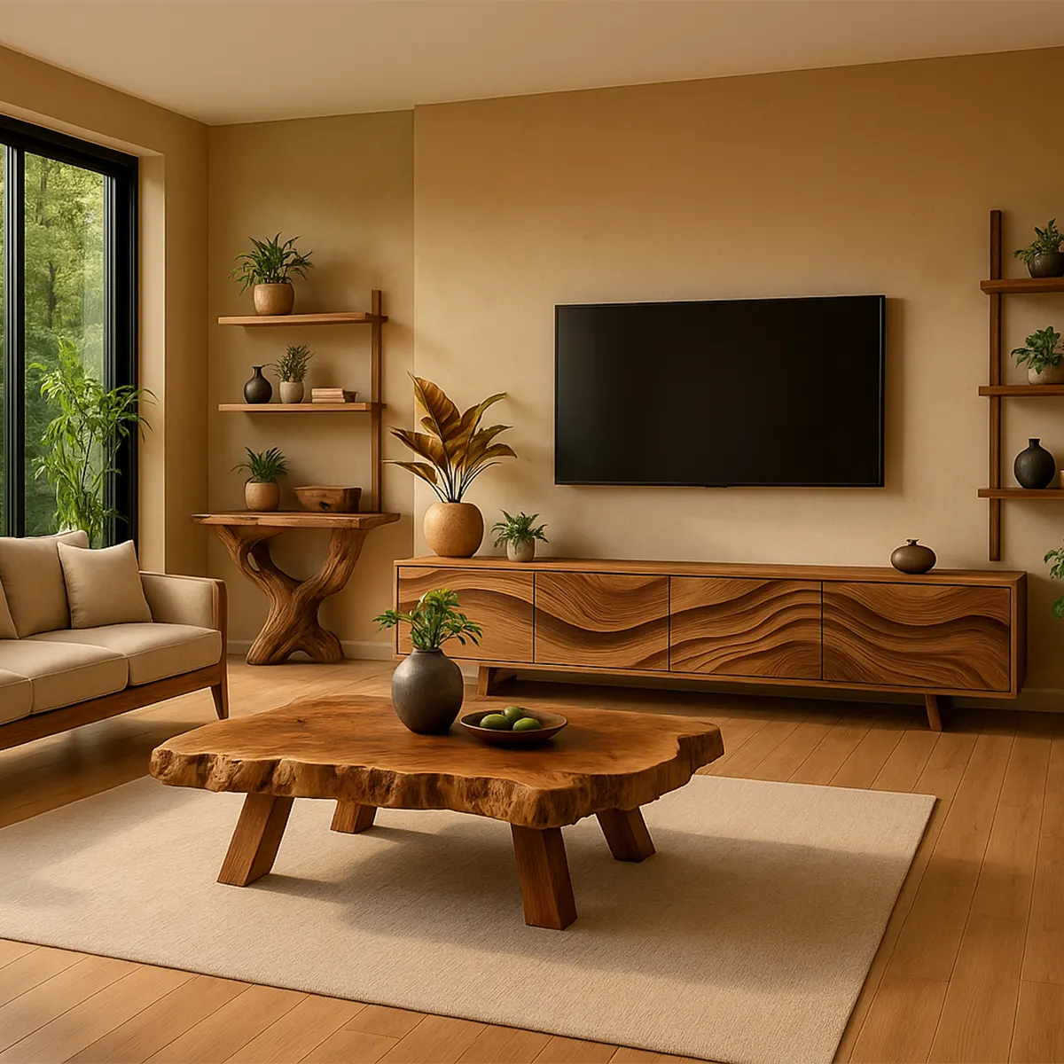 Elevate Your Living Room with Natural Solid Wood Design