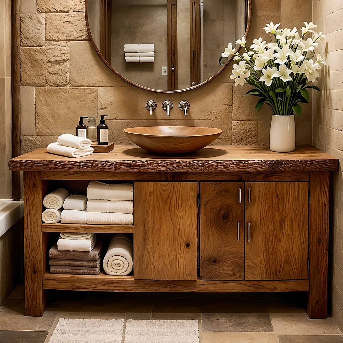 Rustic Solid Oak Bathroom Vanity – Handcrafted Wood Design