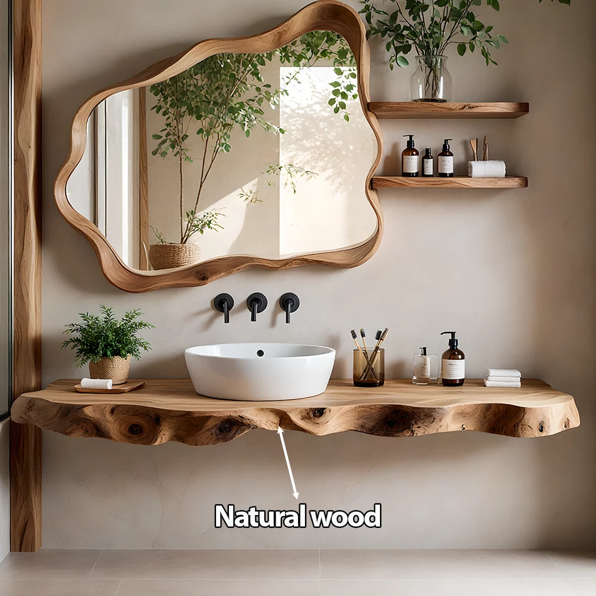 Live Edge Floating Wood Bathroom Vanity with Organic Mirror Frame - Rustira
