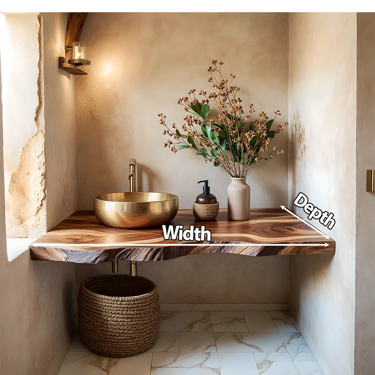 Live Edge Solid Wood Bathroom Vanity Shelf – Custom Floating Slab - Rustira