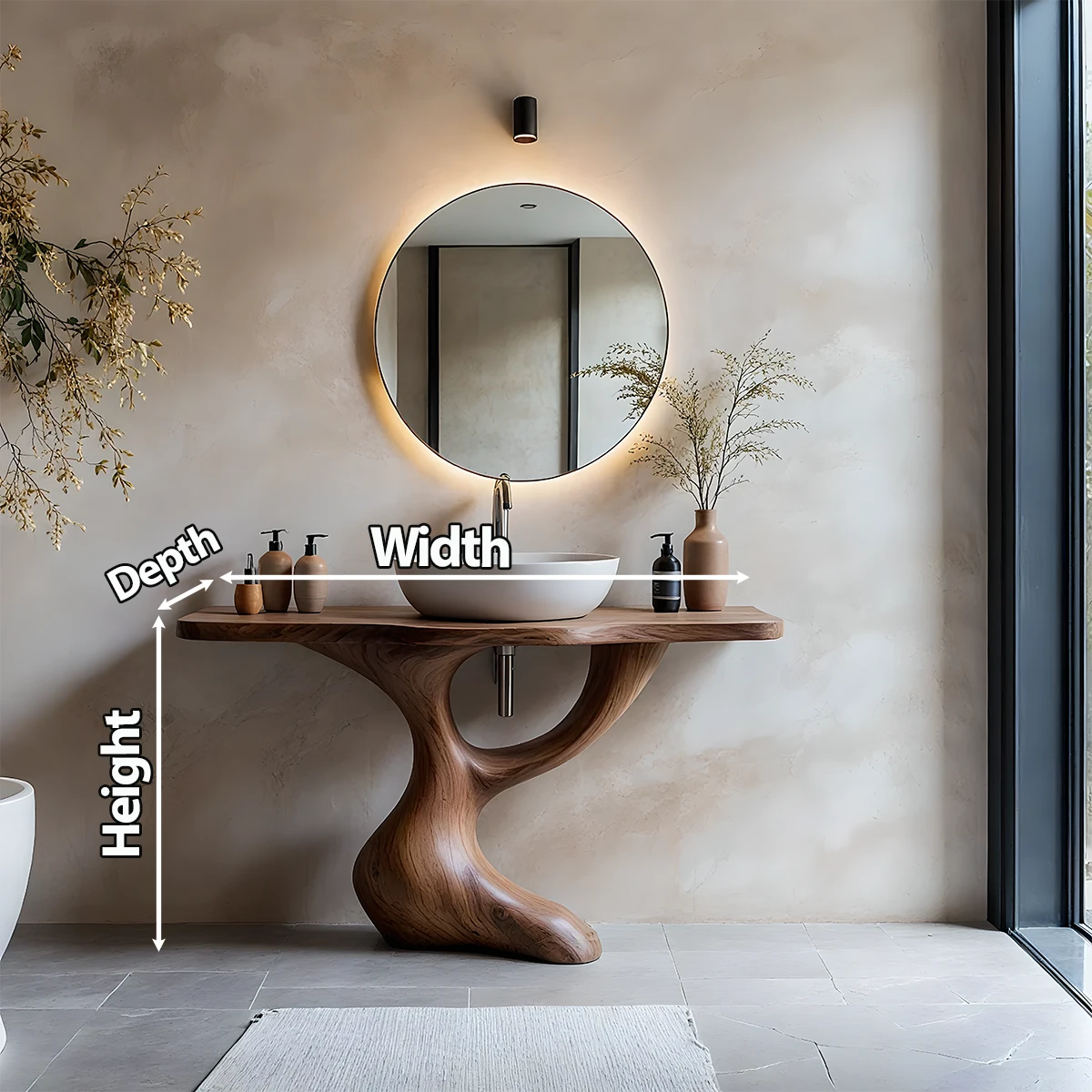 Sculptural Pedestal Wood Vanity – Organic Modern Bathroom Sink Table - Rustira