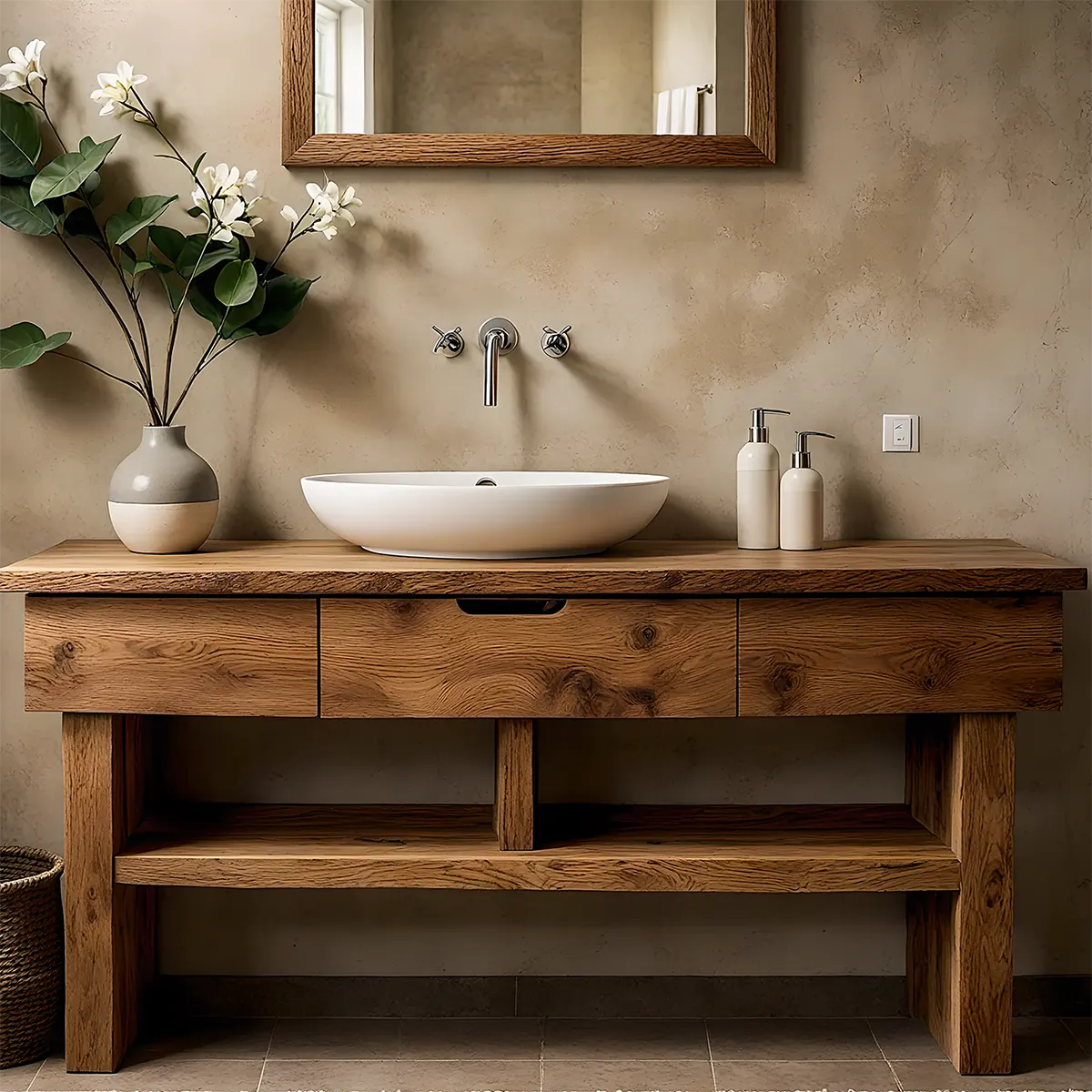 Oak Haven Bathroom Vanity – Solid Wood with Drawers