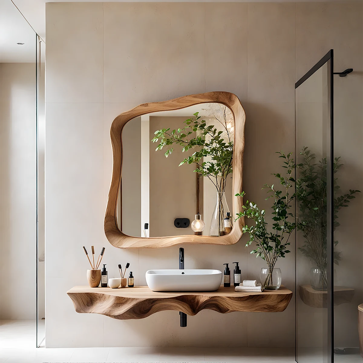 Handcrafted Live Edge Floating Bathroom Vanity Shelf With Mirror Frame - Rustira