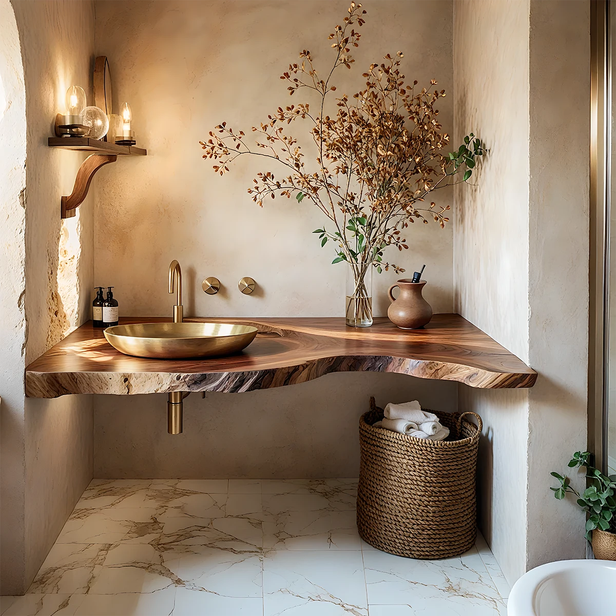 Live Edge Corner Floating Bathroom Vanity — Organic Wabi-Sabi Luxury - Rustira