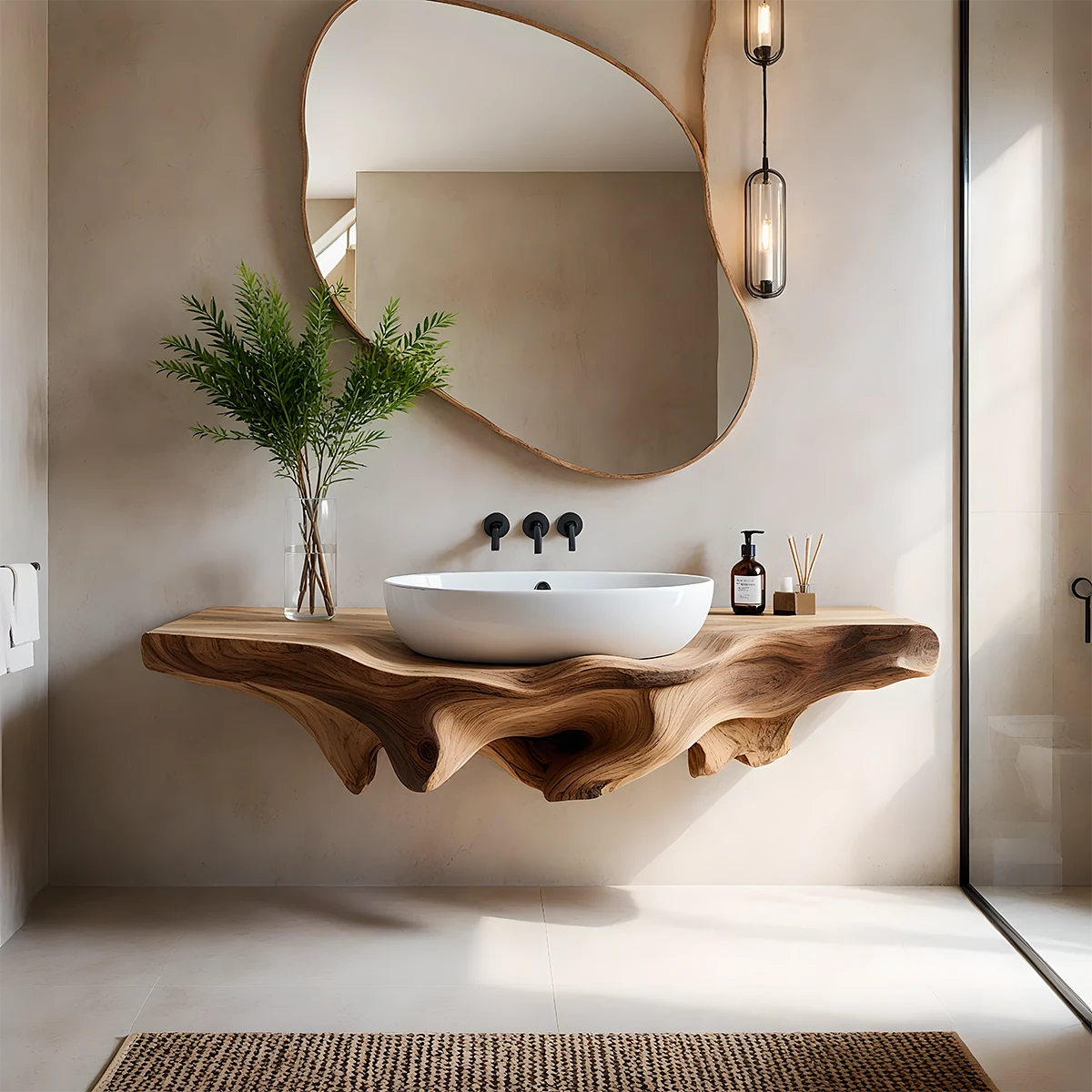 Sculpted Live Edge Floating Wood Bathroom Vanity Shelf - Rustira