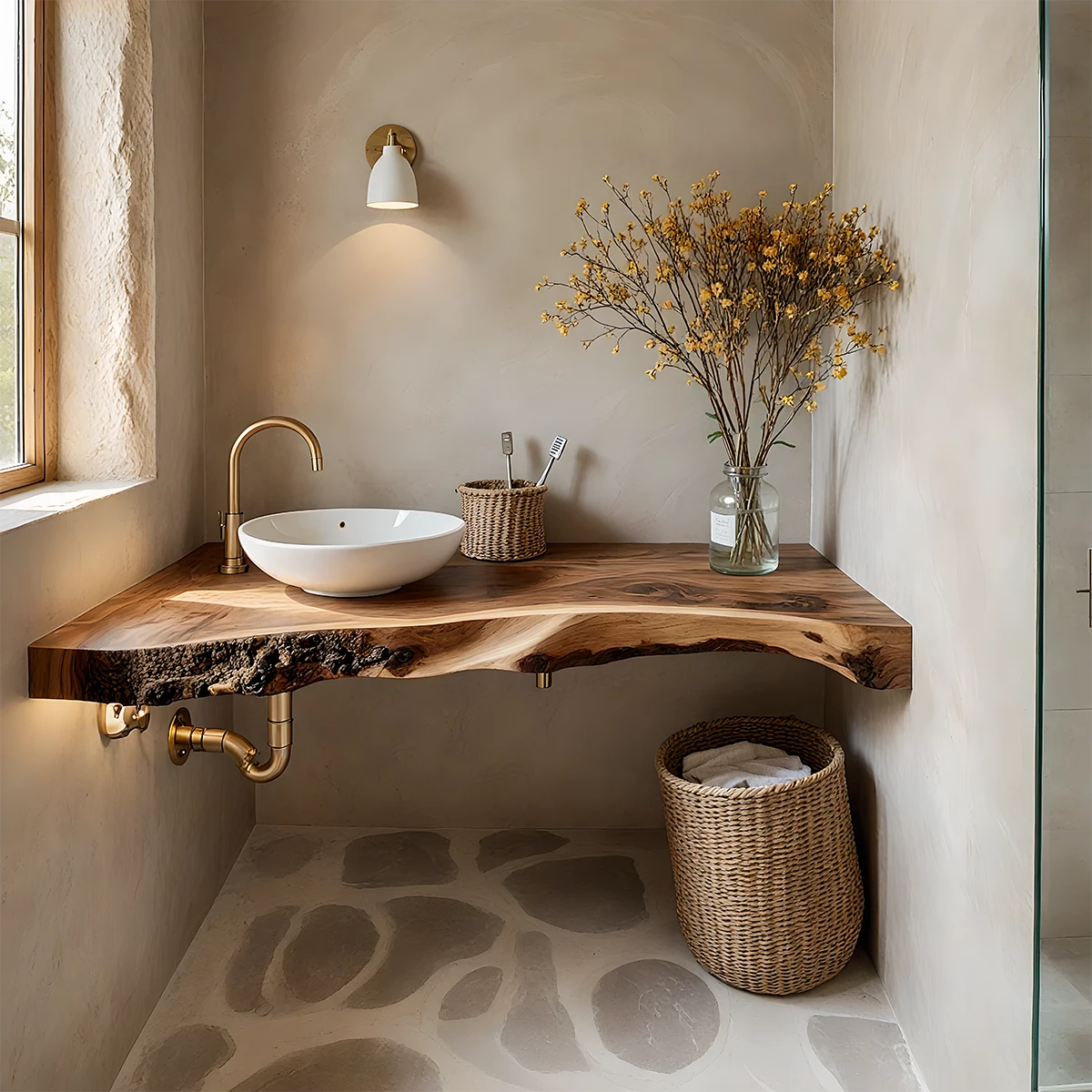 Rustic Live Edge Floating Wood Bathroom Vanity Shelf – Handcrafted - Rustira