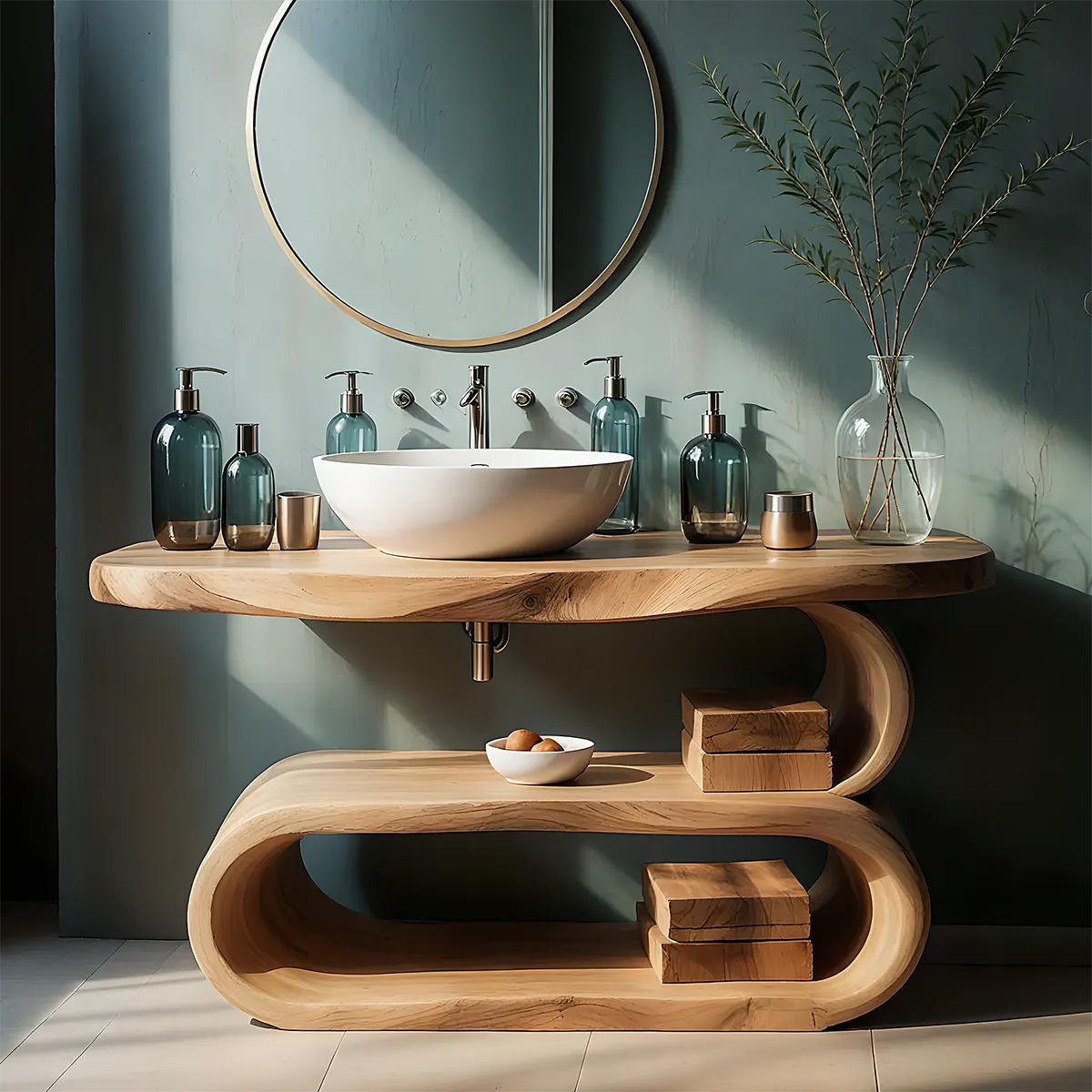 WaveArc Vanity – Solid Wood Bathroom with Zen Curves - Rustira