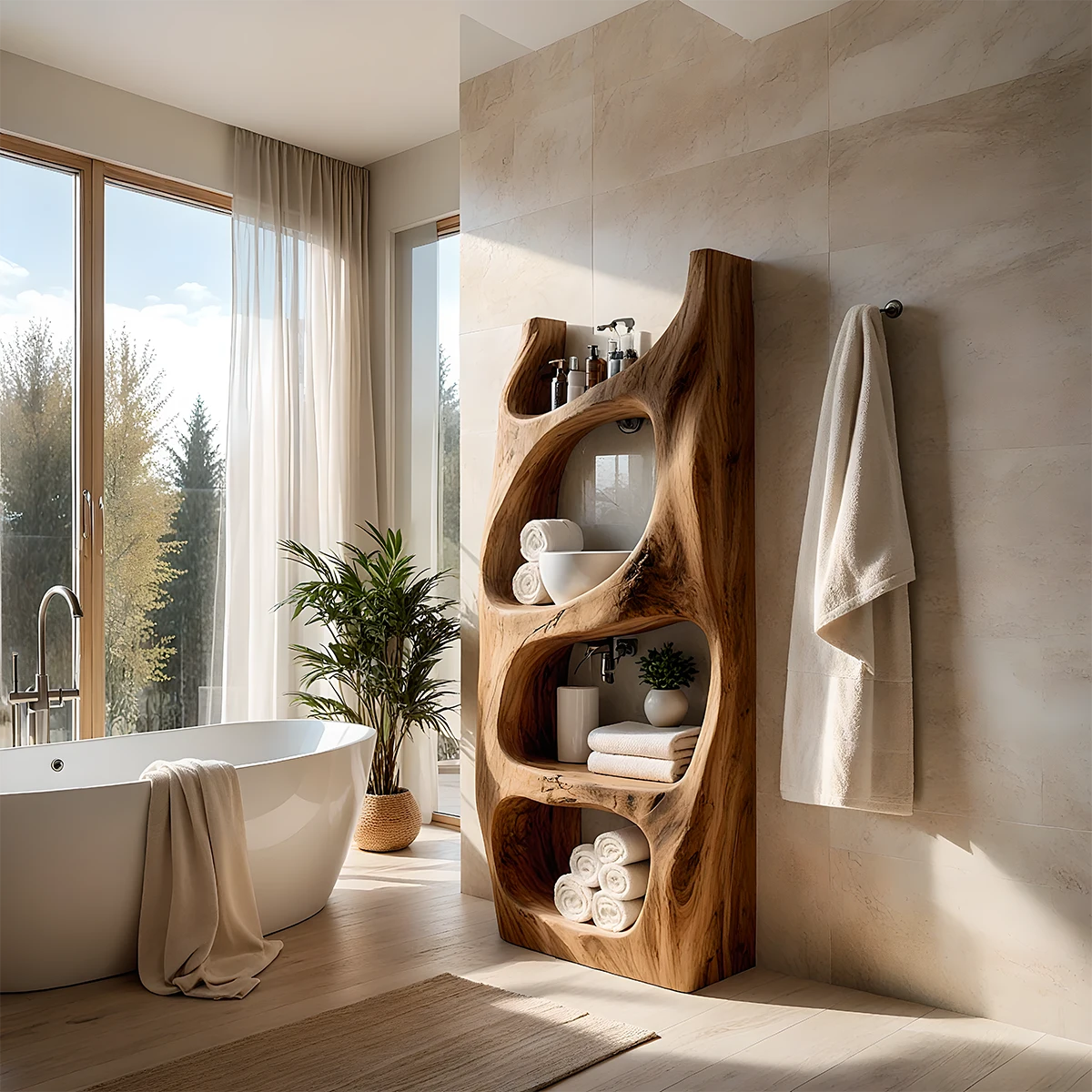 Organic Live Edge Solid Wood Bathroom Shelf Tower – Sculptural Storage - Rustira