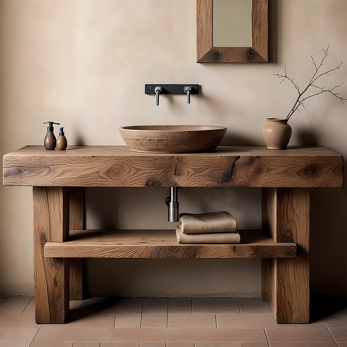 Rustic Essence Solid Oak Vanity – Handcrafted Wood Design