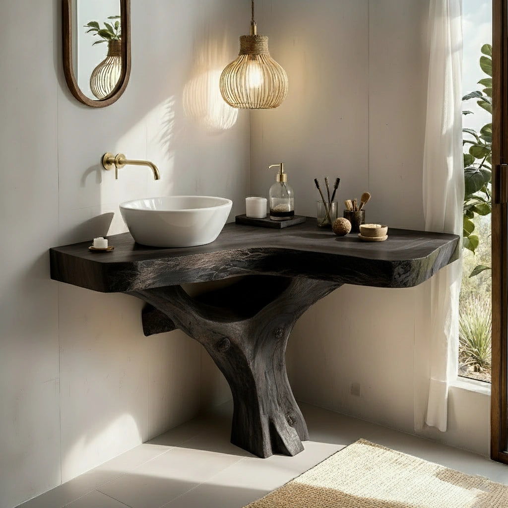 Organic Live Edge Bathroom Vanity With Sculpted Tree-Form Base - Rustira