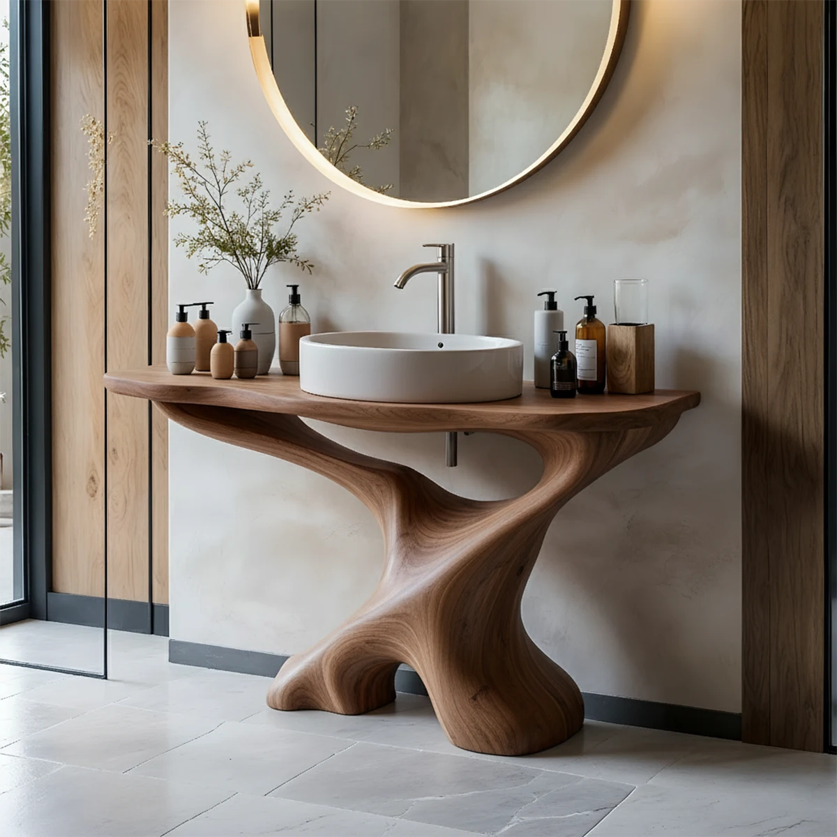 Sculptural Solid Wood Pedestal Vanity – Organic Modern Bathroom Sink Stand - Rustira