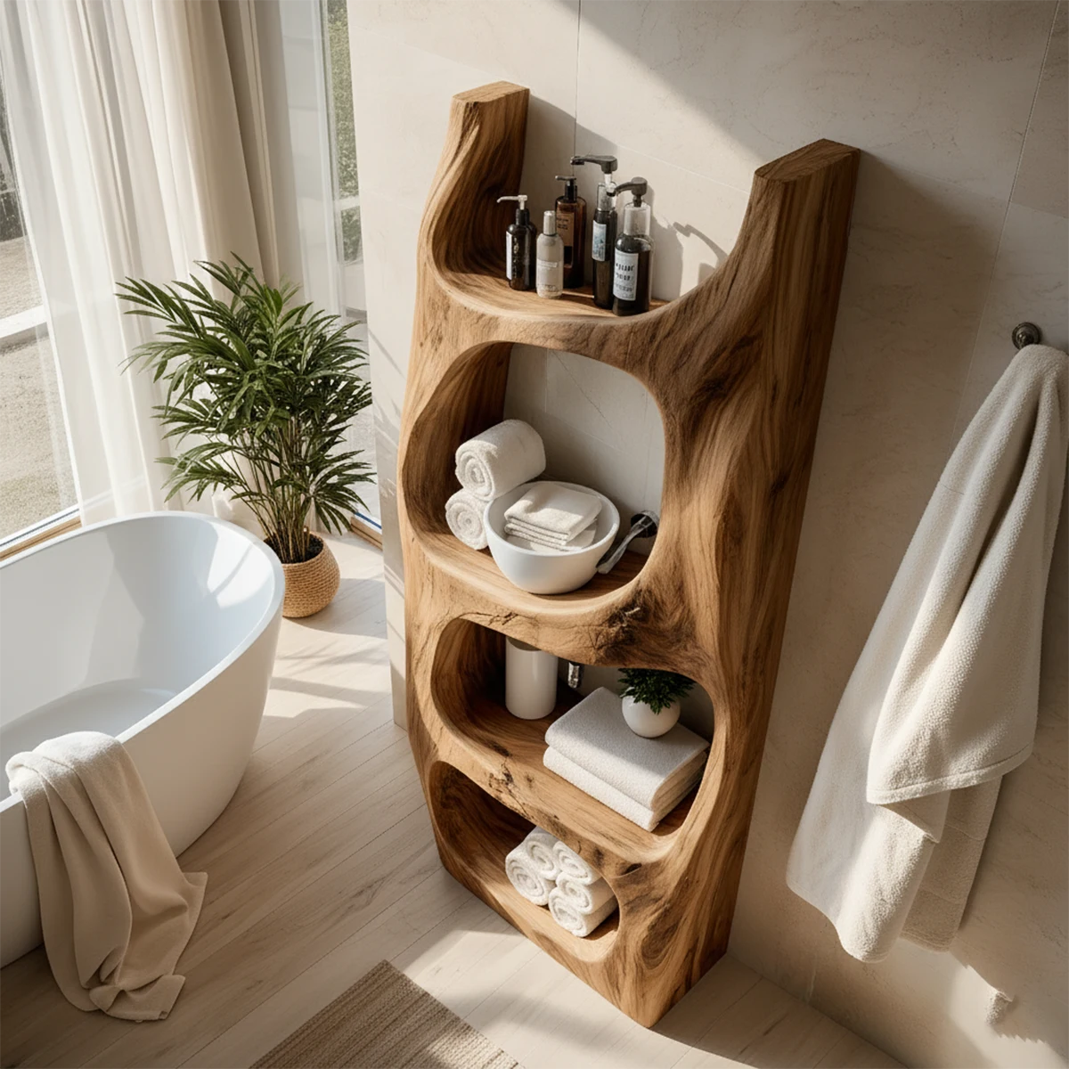 Organic Live Edge Solid Wood Bathroom Shelf Tower – Sculptural Storage - Rustira