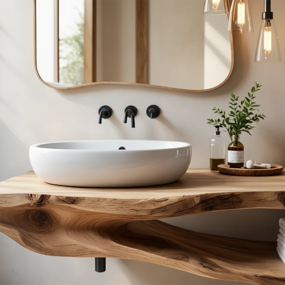 Organic Solid Wood Floating Bathroom Vanity With Open Shelf - Rustira