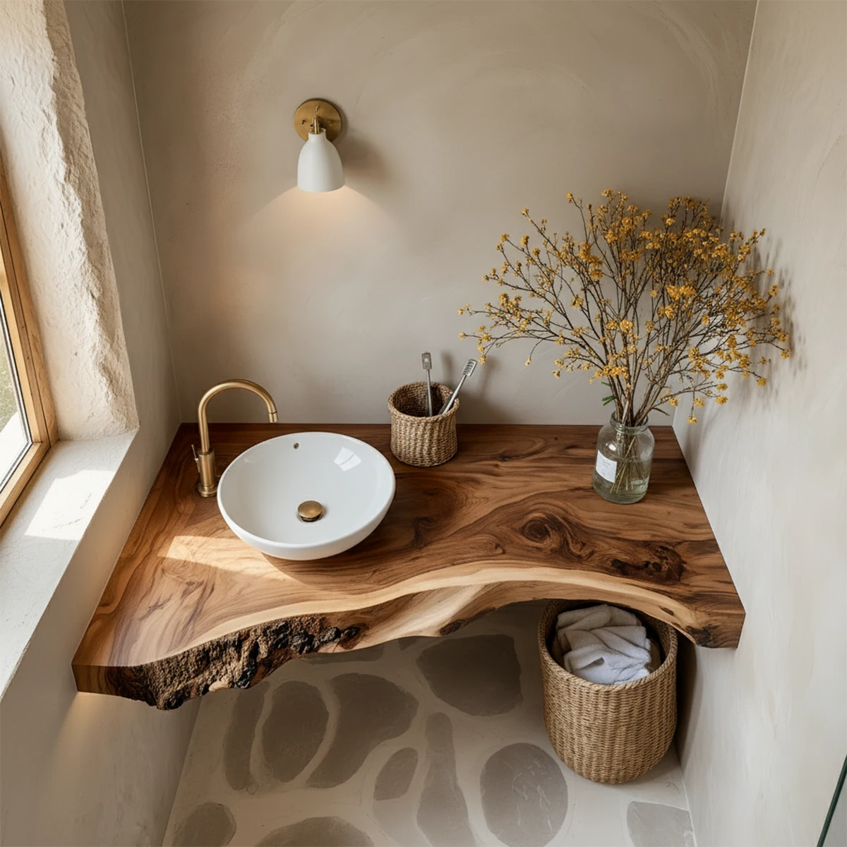 Rustic Live Edge Floating Wood Bathroom Vanity Shelf – Handcrafted - Rustira