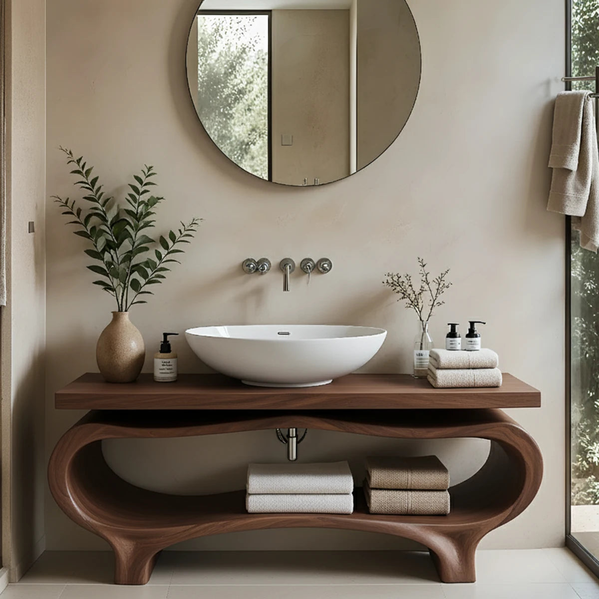 Organic Wave Solid Wood Vanity – Sculpted Open Shelf Spa Console - Rustira