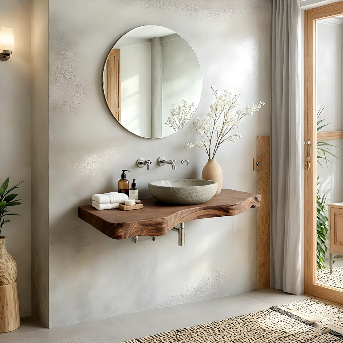 Live Edge Solid Wood Bathroom Vanity – Japandi Floating Sink Shelf - Rustira