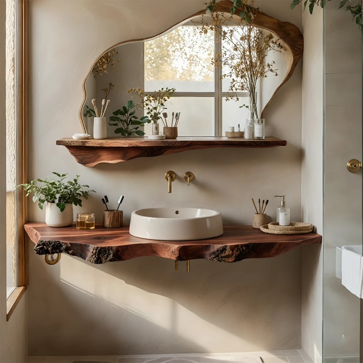 Live Edge Floating Wood Bathroom Vanity with Mirror Shelf - Rustira