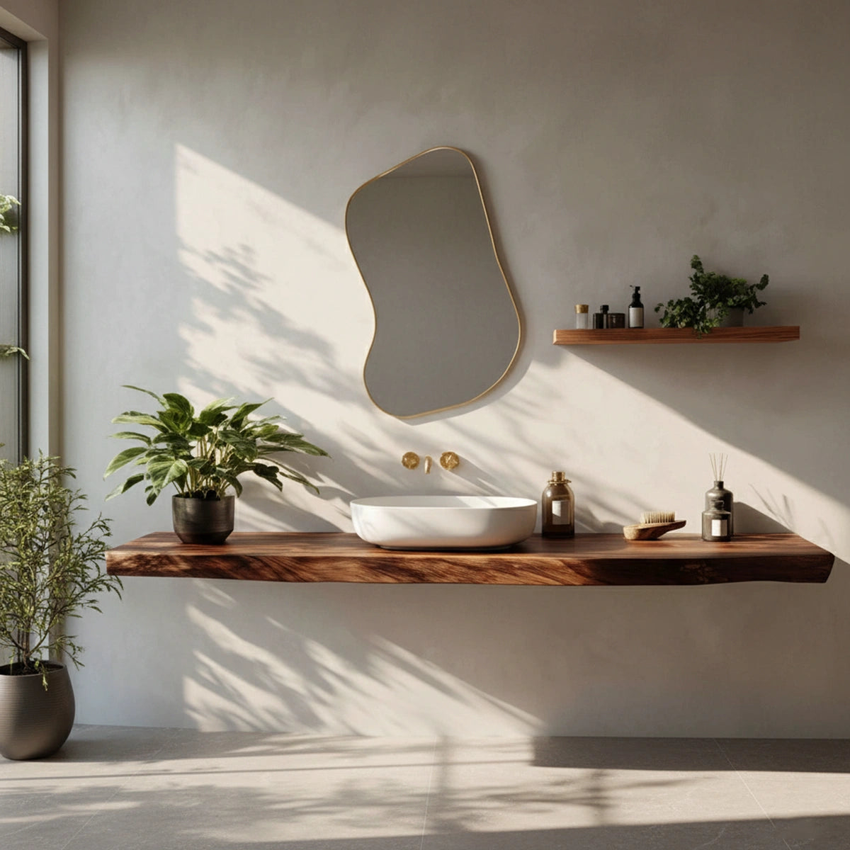 Farmhouse Solid Wood Live Edge Bathroom Vanity with Floating Shelf - Rustira