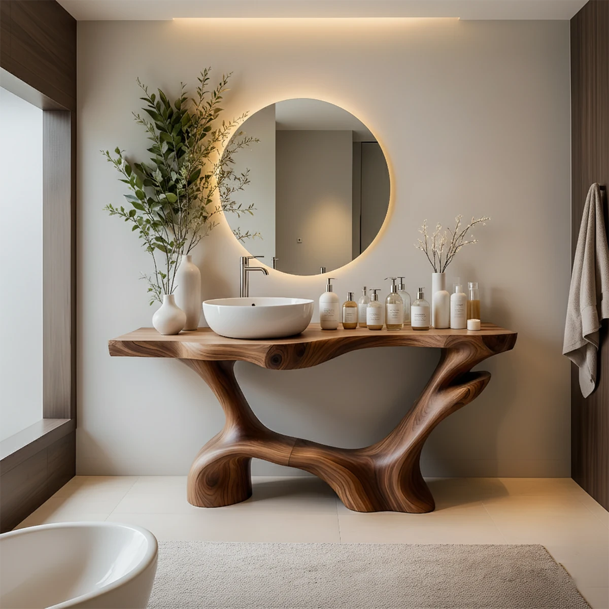 Double-Sculpted Wood Pedestal Vanity – Organic Modern Bathroom Sink Table - Rustira