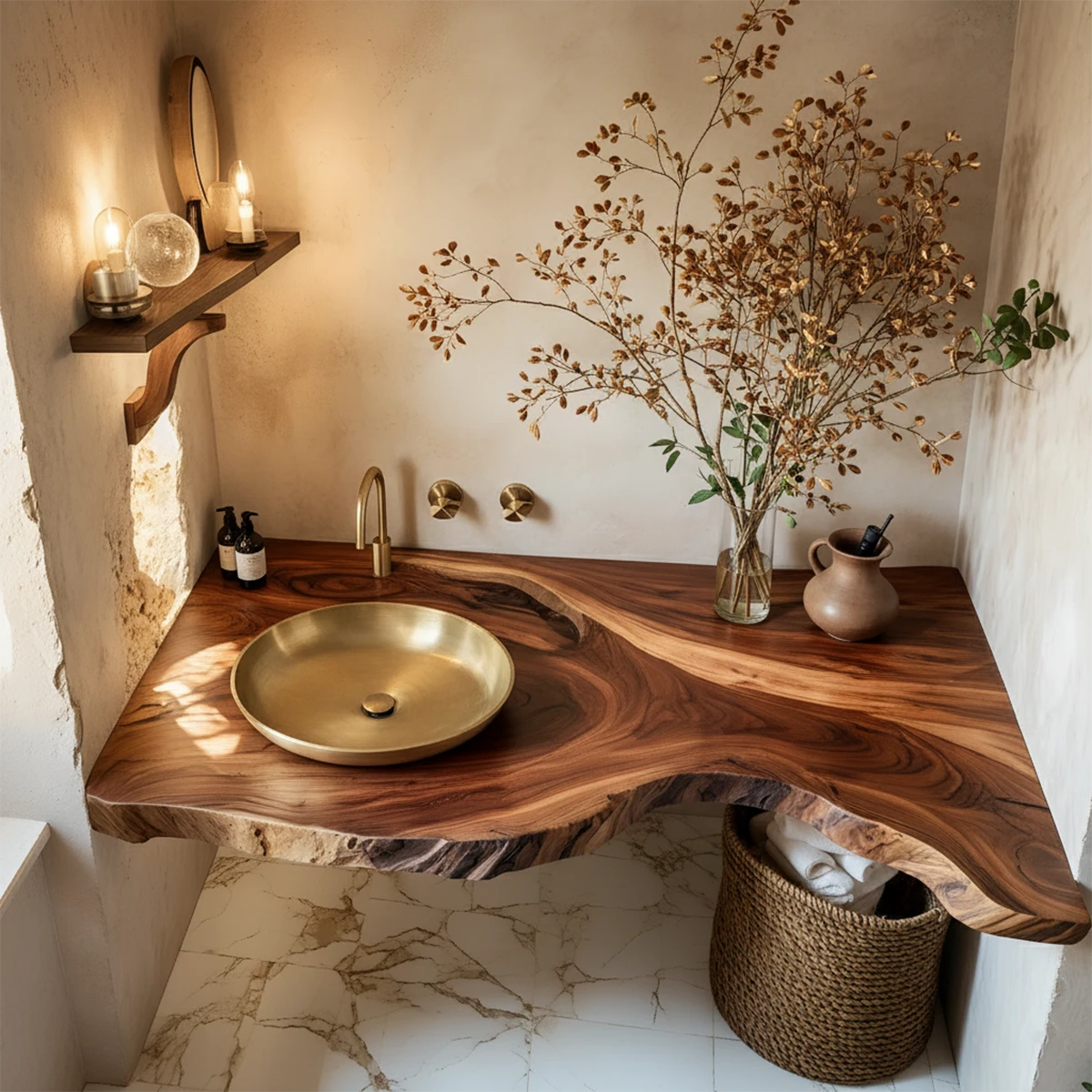 Live Edge Corner Floating Bathroom Vanity — Organic Wabi-Sabi Luxury - Rustira