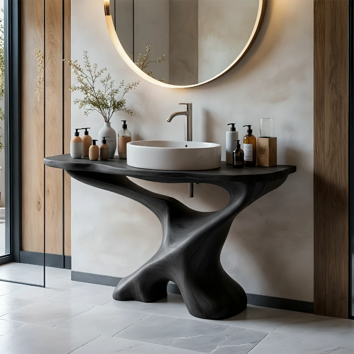 Sculptural Solid Wood Pedestal Vanity – Organic Modern Bathroom Sink Stand - Rustira