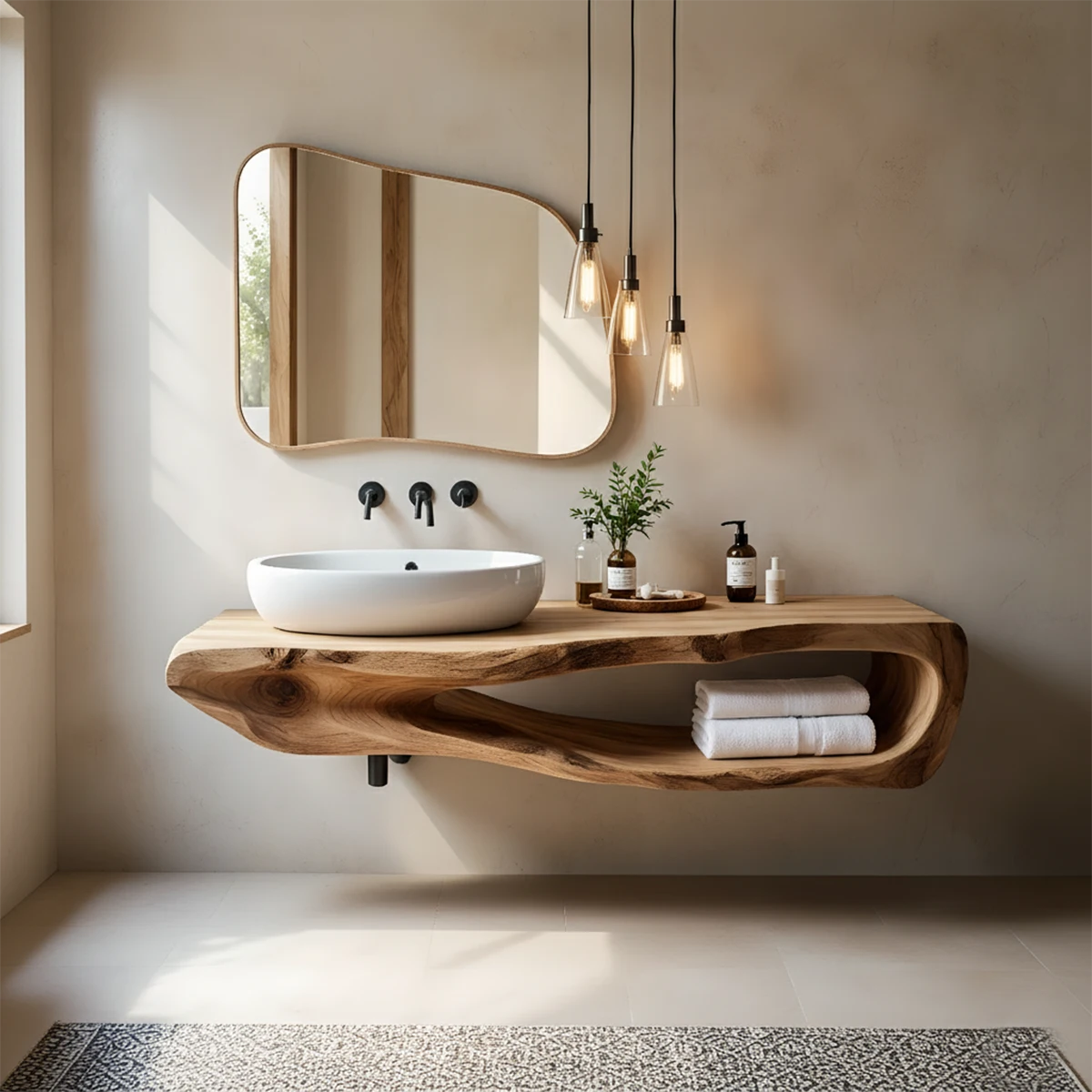 Organic Solid Wood Floating Bathroom Vanity With Open Shelf - Rustira