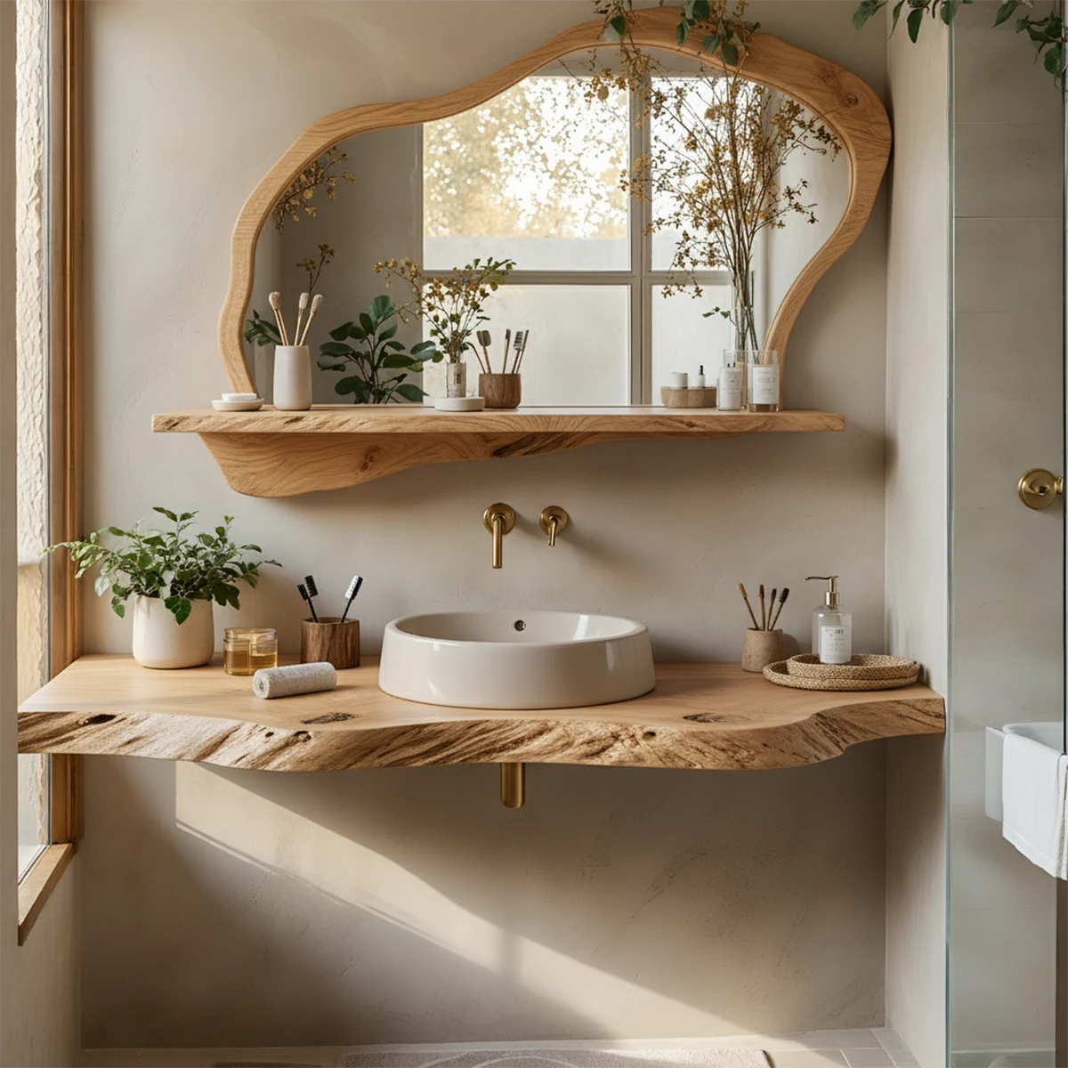 Live Edge Floating Wood Bathroom Vanity with Mirror Shelf - Rustira