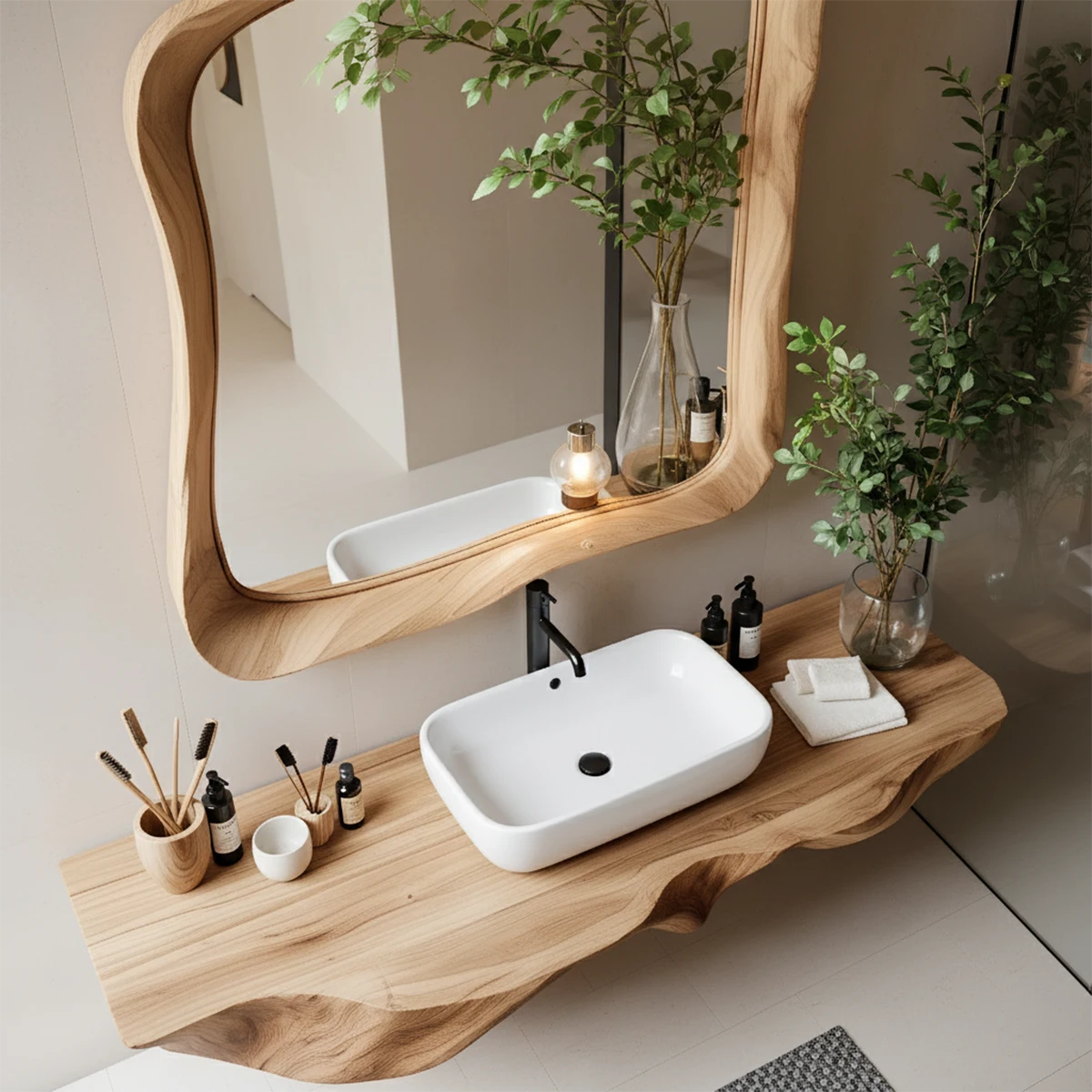 Handcrafted Live Edge Floating Bathroom Vanity Shelf With Mirror Frame - Rustira