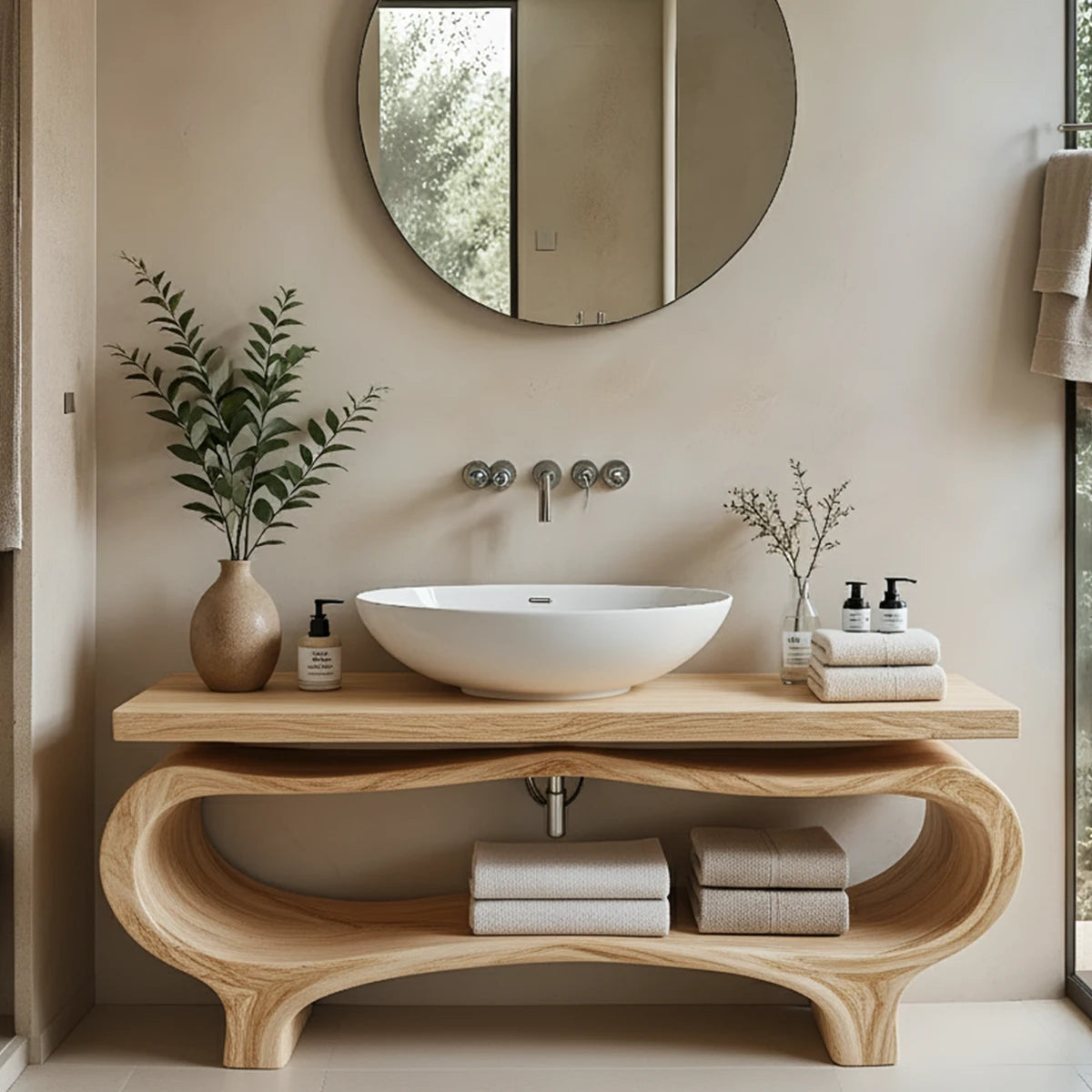 Organic Wave Solid Wood Vanity – Sculpted Open Shelf Spa Console - Rustira