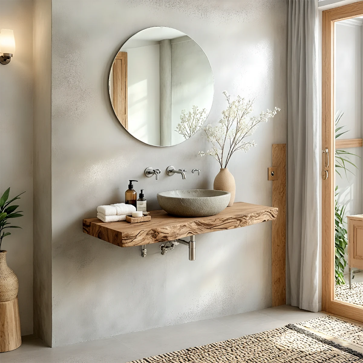 Live Edge Solid Wood Bathroom Vanity – Japandi Floating Sink Shelf - Rustira