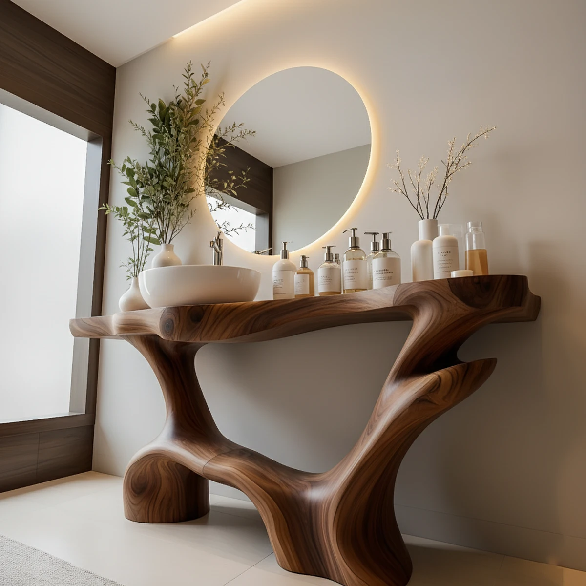 Double-Sculpted Wood Pedestal Vanity – Organic Modern Bathroom Sink Table - Rustira