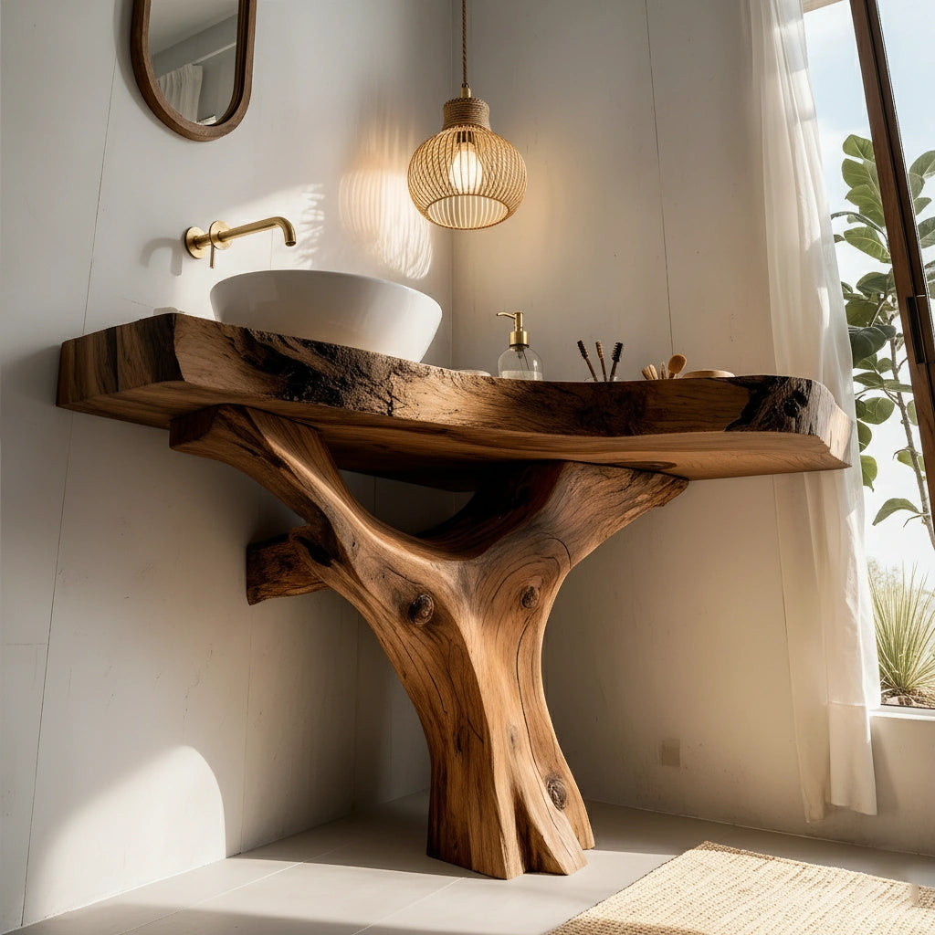 Organic Live Edge Bathroom Vanity With Sculpted Tree-Form Base - Rustira