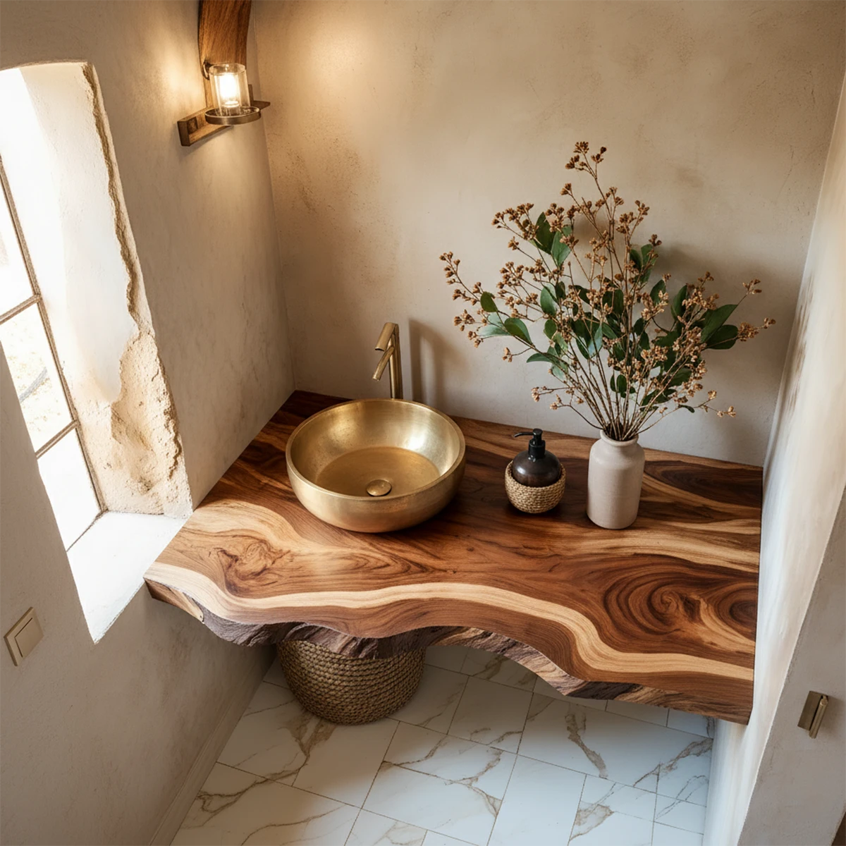Live Edge Solid Wood Bathroom Vanity Shelf – Custom Floating Slab - Rustira