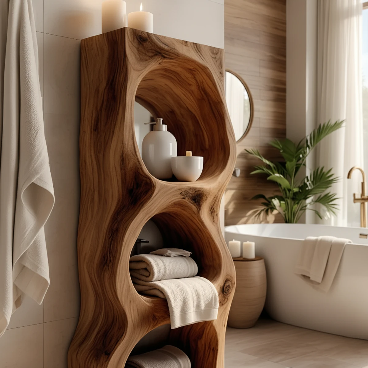 Live Edge Solid Wood Bathroom Storage Tower – Organic Carved Design - Rustira