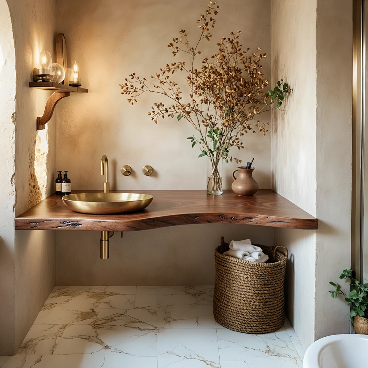 Live Edge Corner Floating Bathroom Vanity — Organic Wabi-Sabi Luxury - Rustira