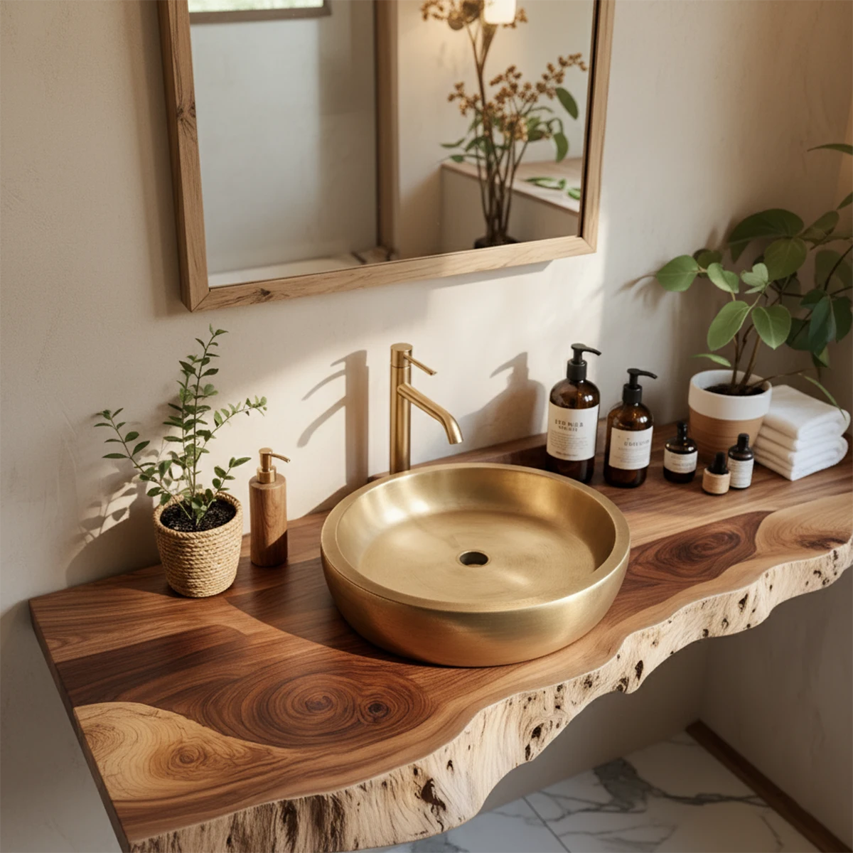 Live Edge Solid Wood Bathroom Vanity Shelf | Organic Natural Design - Rustira