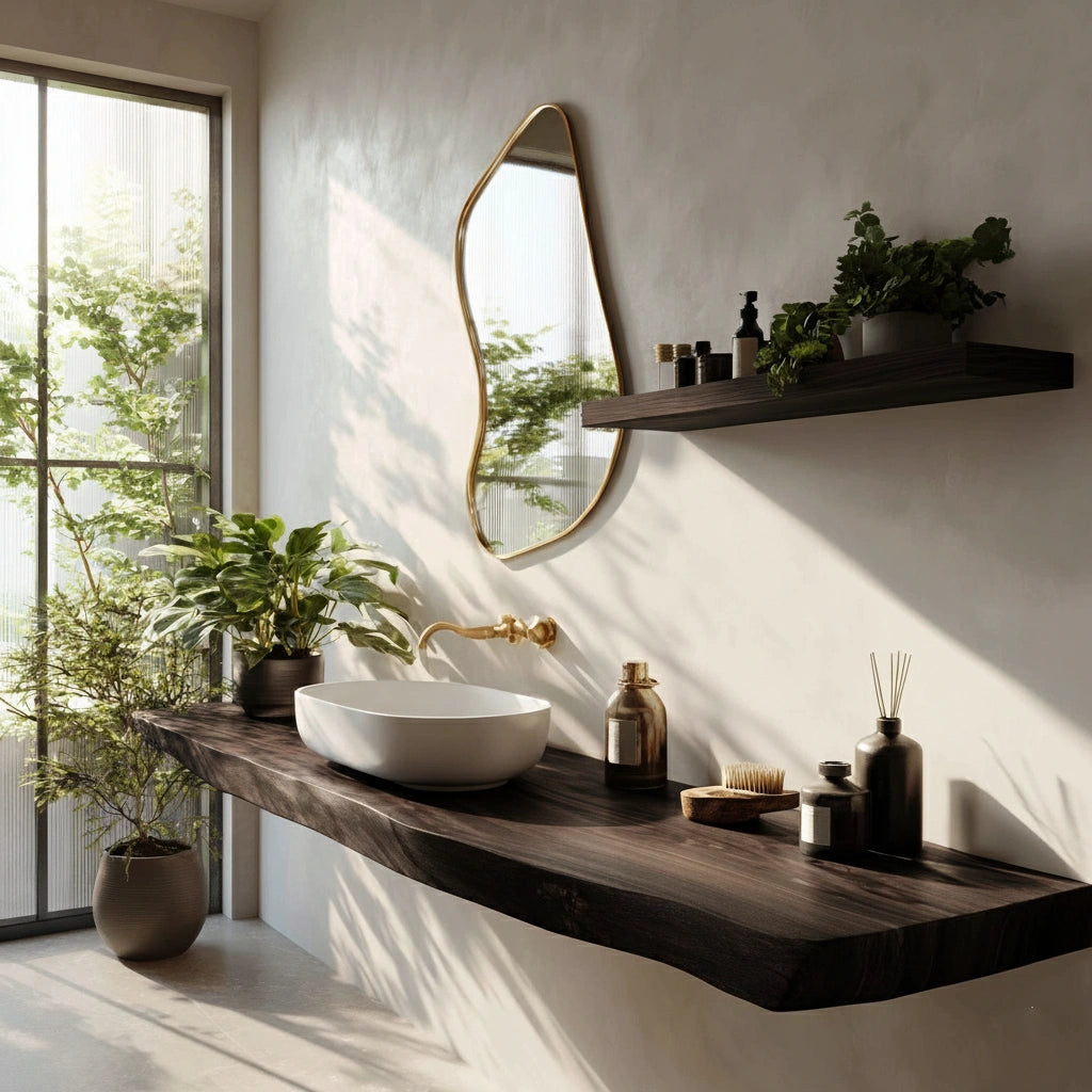 Farmhouse Solid Wood Live Edge Bathroom Vanity with Floating Shelf - Rustira