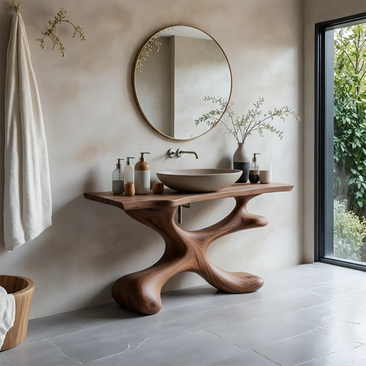 Organic Sculpted Solid Wood Vanity – Modern Biomorphic Bathroom Sink - Rustira