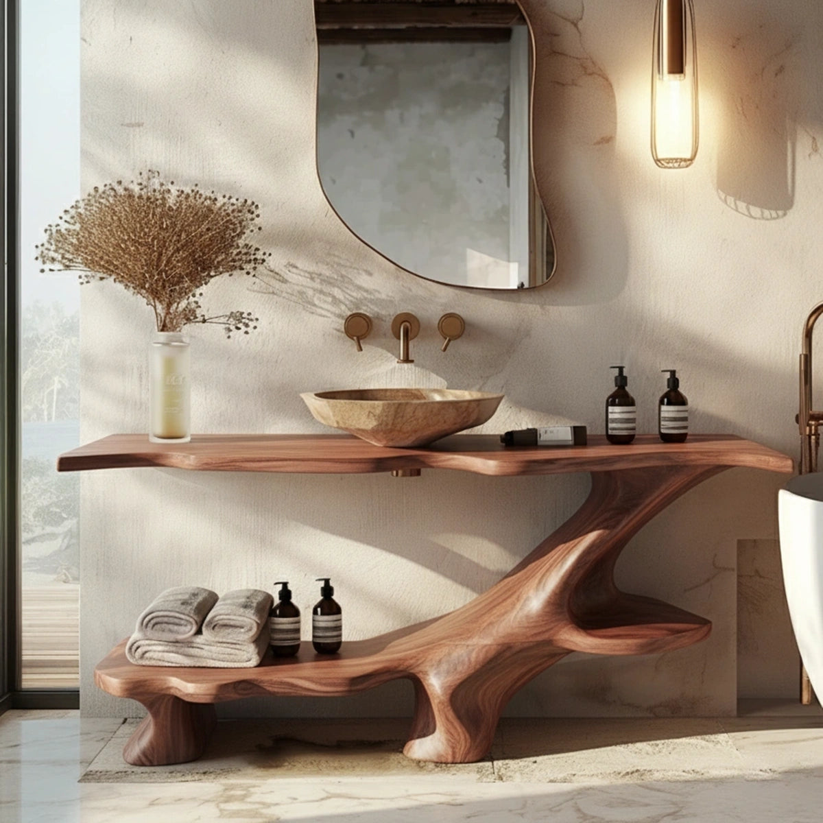 Organic Solid Wood Bathroom Vanity With Sculptural Base & Shelf - Rustira