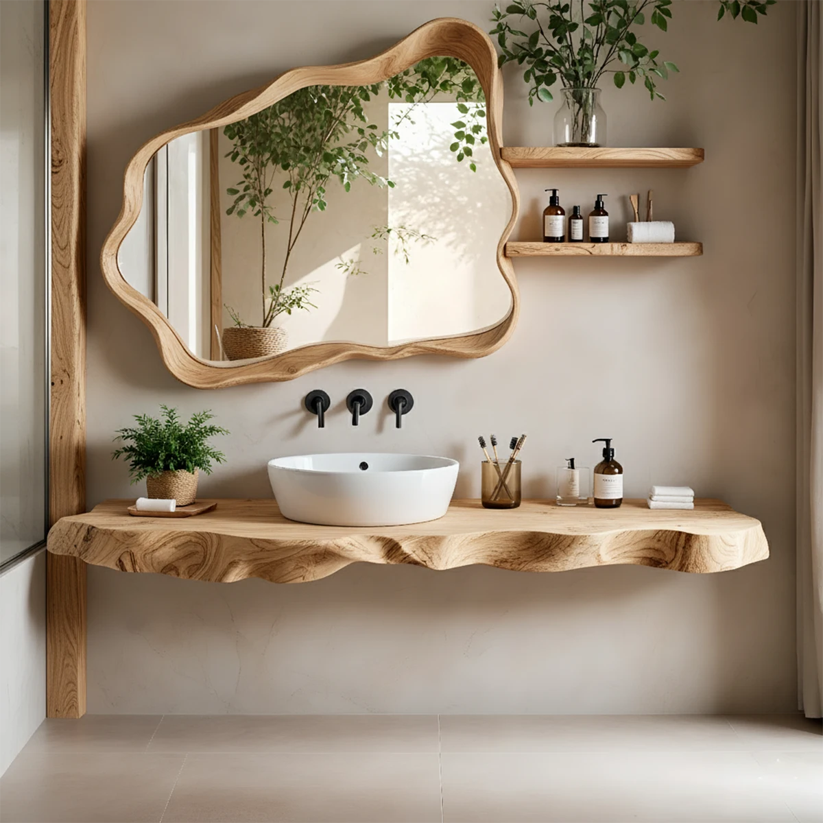 Live Edge Floating Wood Bathroom Vanity with Organic Mirror Frame - Rustira