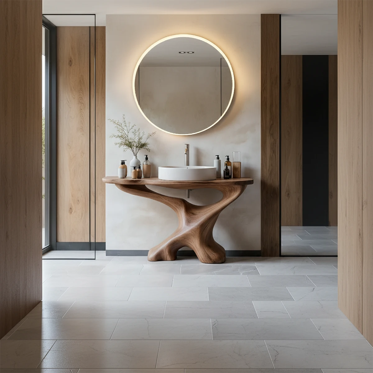 Sculptural Solid Wood Pedestal Vanity – Organic Modern Bathroom Sink Stand - Rustira