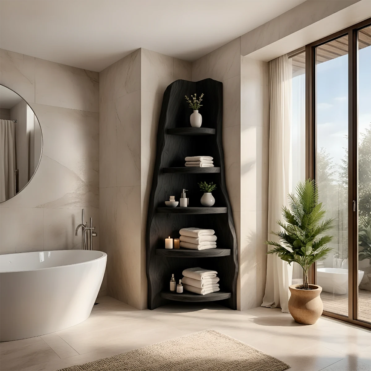 Solid Wood Corner Bathroom Shelf Tower – Live Edge Organic Design - Rustira