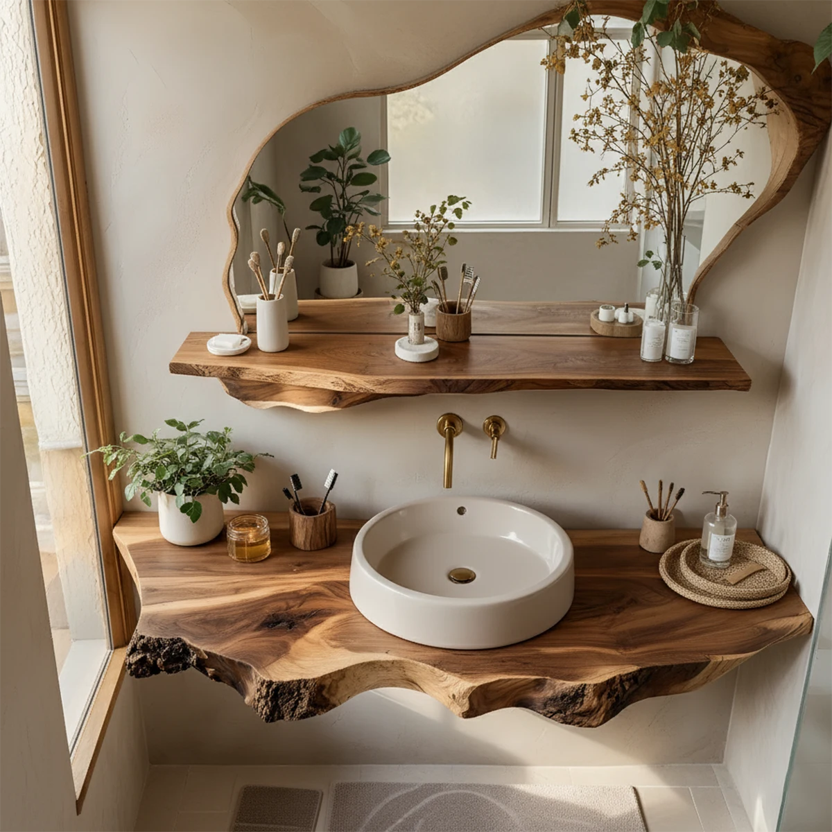 Live Edge Floating Wood Bathroom Vanity with Mirror Shelf - Rustira