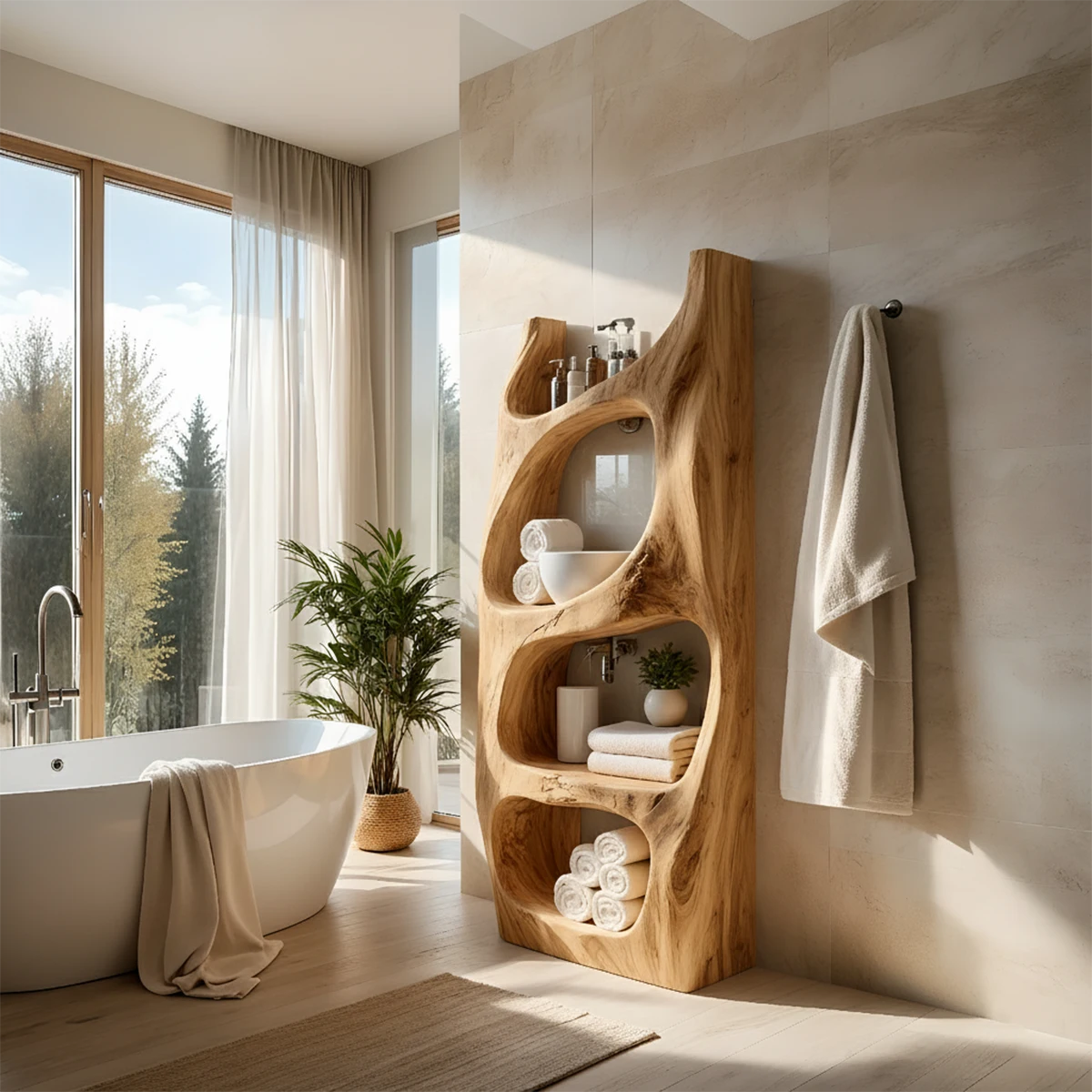 Organic Live Edge Solid Wood Bathroom Shelf Tower – Sculptural Storage - Rustira