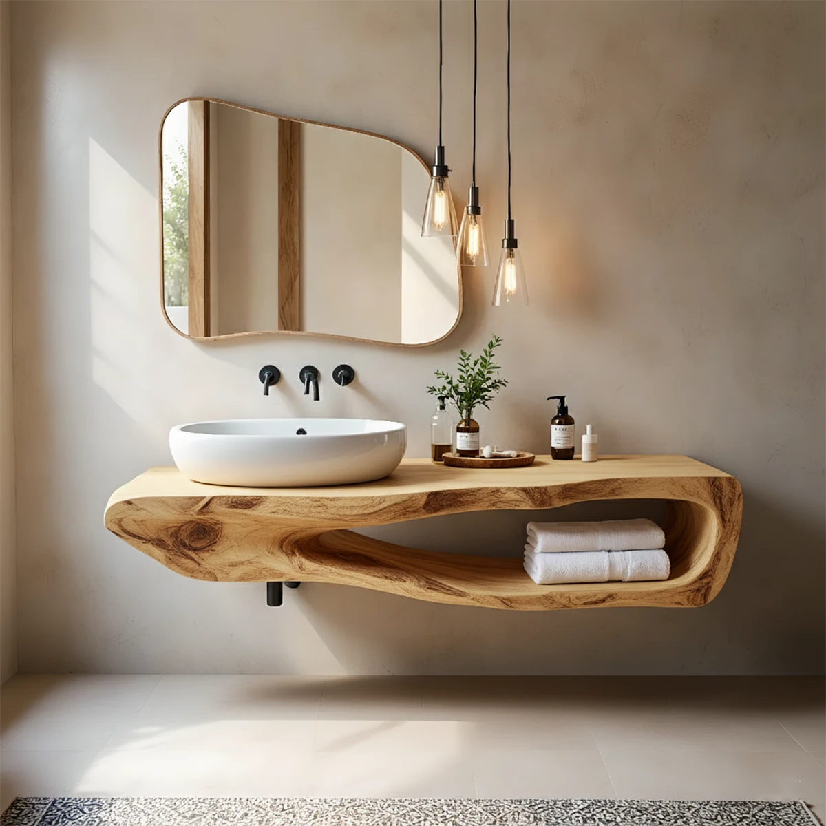 Organic Solid Wood Floating Bathroom Vanity With Open Shelf - Rustira