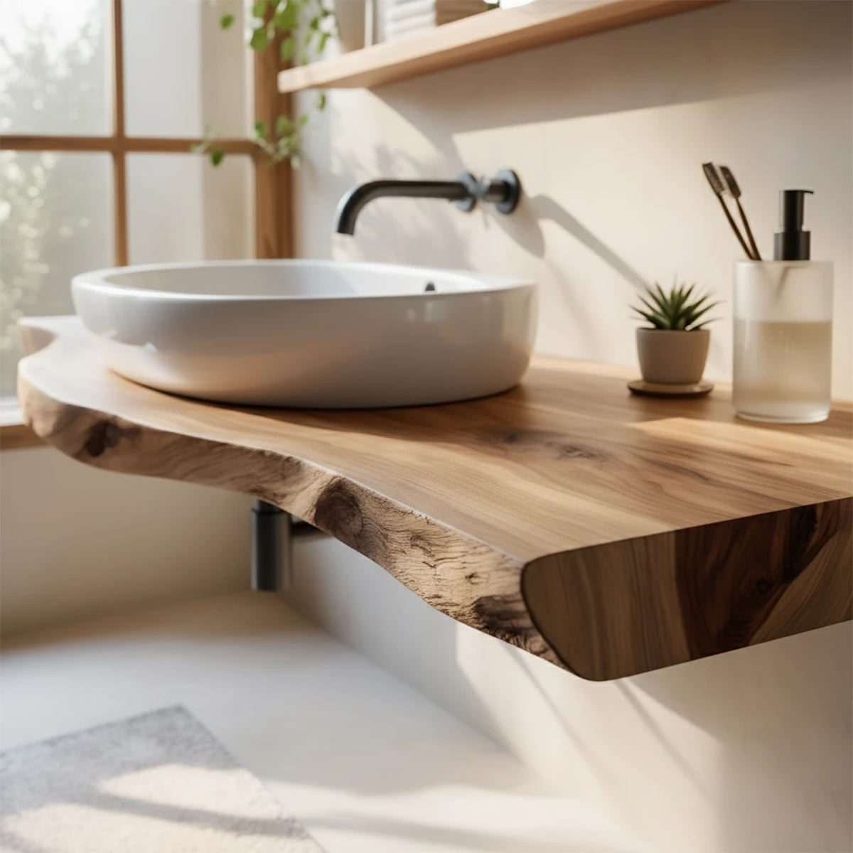 Live Edge Floating Wood Bathroom Vanity Shelf – Natural Solid Wood - Rustira