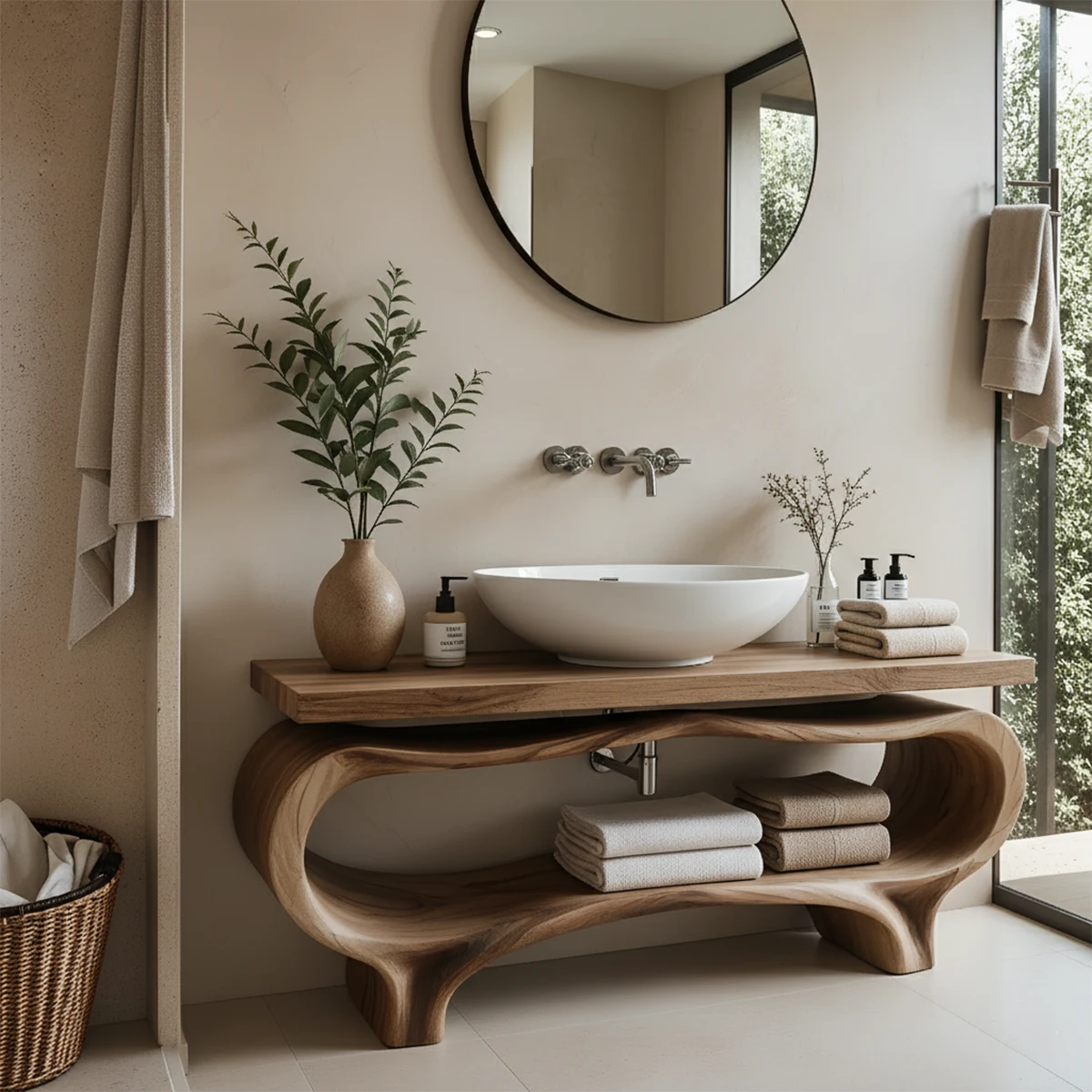 Organic Wave Solid Wood Vanity – Sculpted Open Shelf Spa Console - Rustira