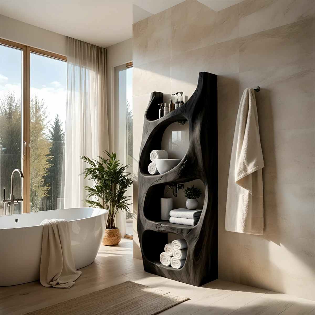 Organic Live Edge Solid Wood Bathroom Shelf Tower – Sculptural Storage - Rustira