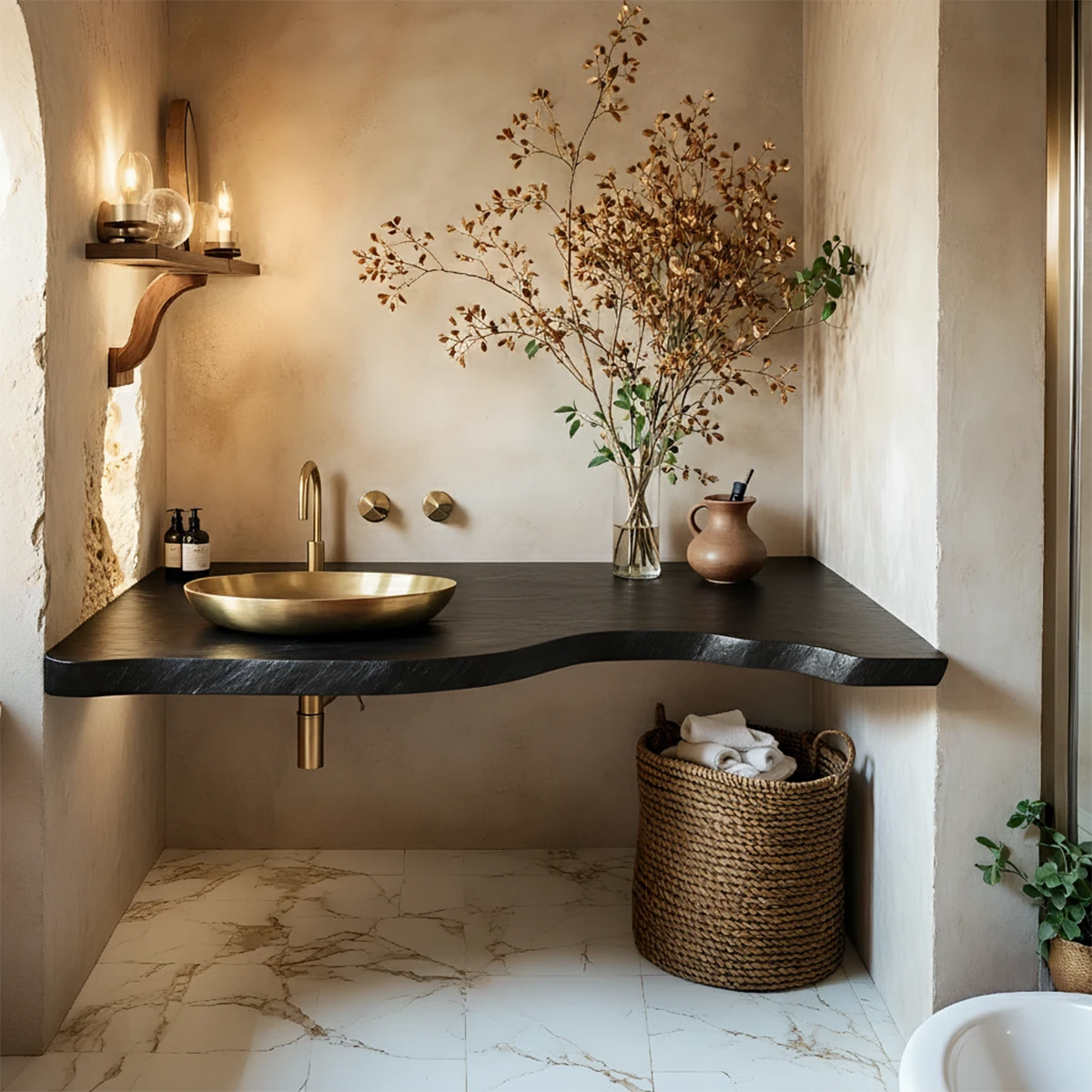 Live Edge Corner Floating Bathroom Vanity — Organic Wabi-Sabi Luxury - Rustira