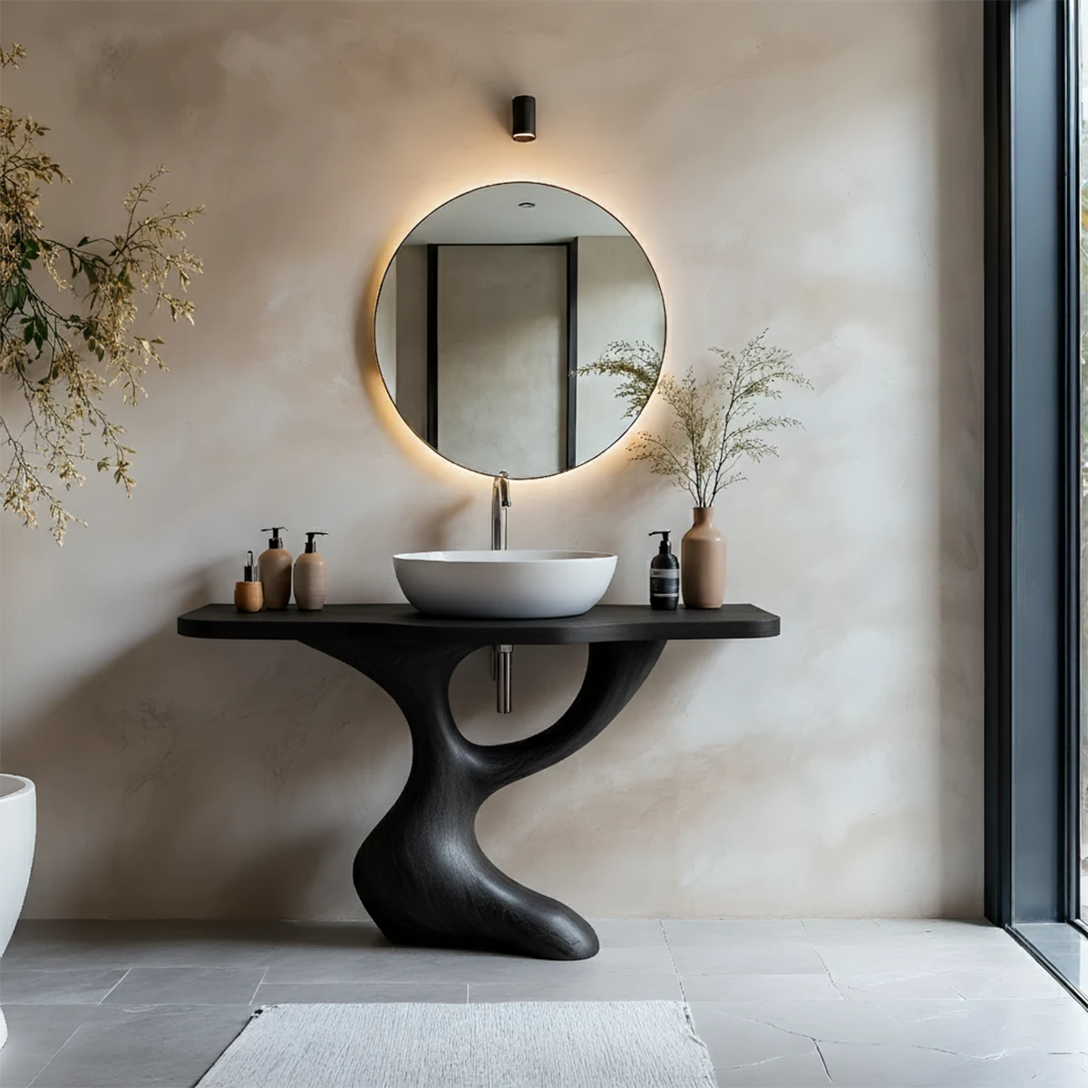 Sculptural Pedestal Wood Vanity – Organic Modern Bathroom Sink Table - Rustira